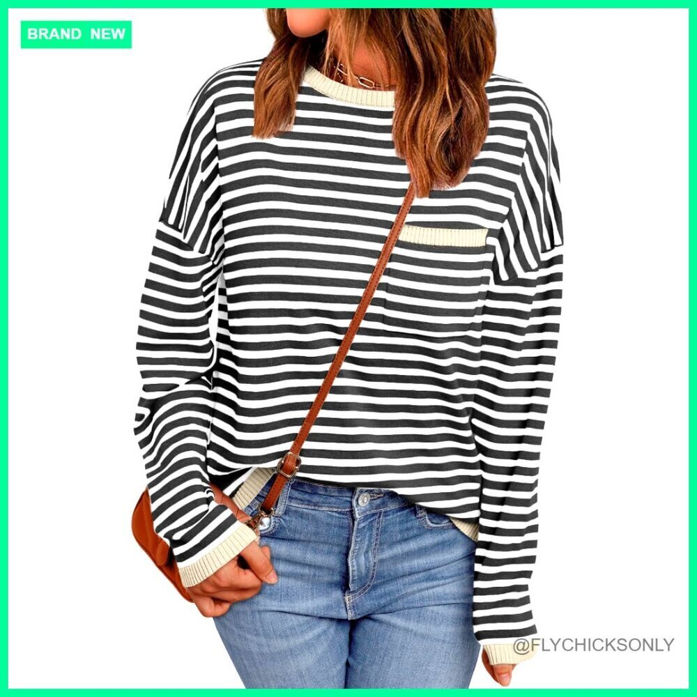 Oversized Striped Cotton Pullover Sweater with Chest Pocket Lightweight